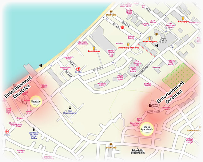 Map showing Nightstar near Walking Street in South Pattaya